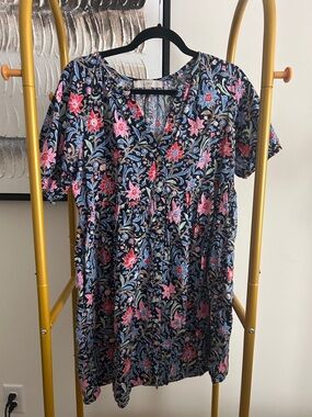 LOFT Floral Mini Dress in Navy with Pink & Red Flowers